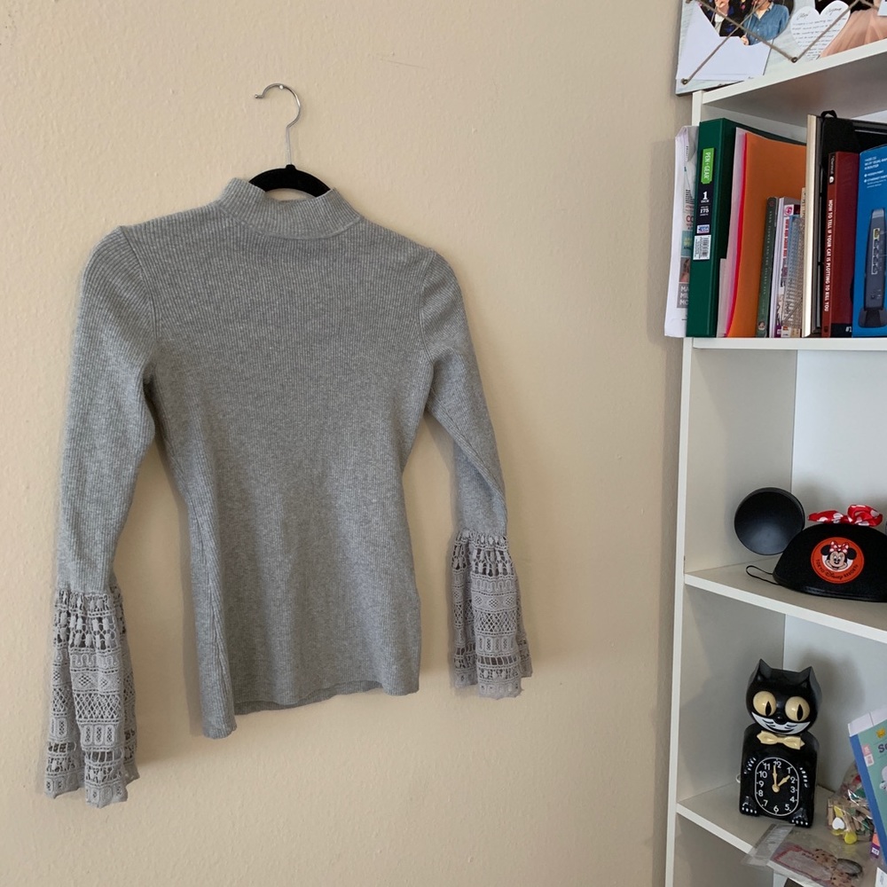 Crocheted Sleeve Grey Sweater